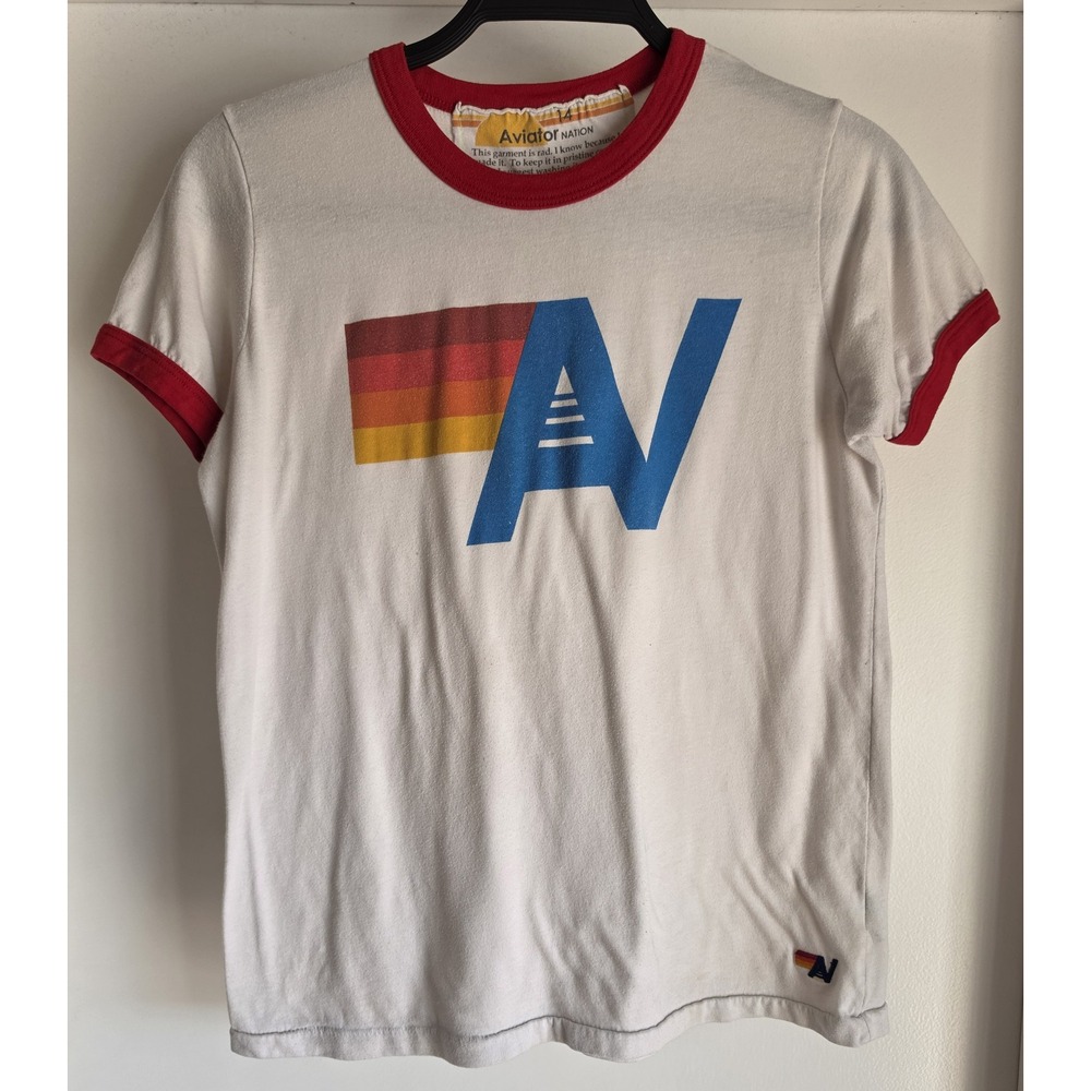 Aviator Nation Kid's Graphic T-Shirt Size 14 White Red Blue Retro USA Tee